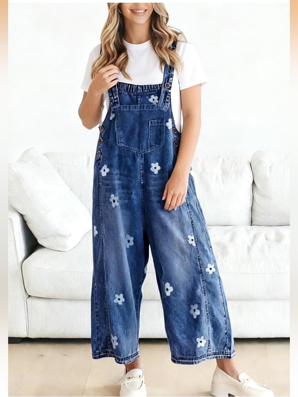 BNWT Floral Denim Wide Leg Overalls/Jumpsuit - Picture 2 of 5